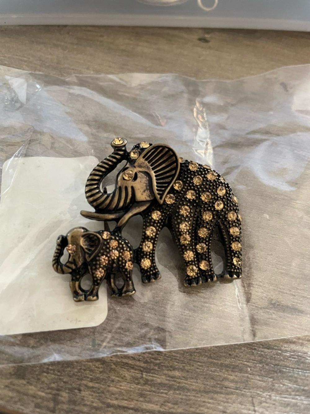 Mother Elephant and Baby Embossed bronze metal Brooch Golden Rhinestones 2” New